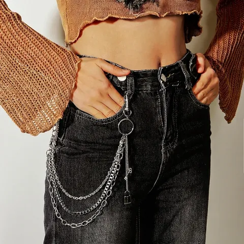 Catena da Vita a Tre Strati in Metallo Hip Hop Punk Catena per Pantaloni Argento Con Ciondoli Lucchetto e Chiave Gioielli