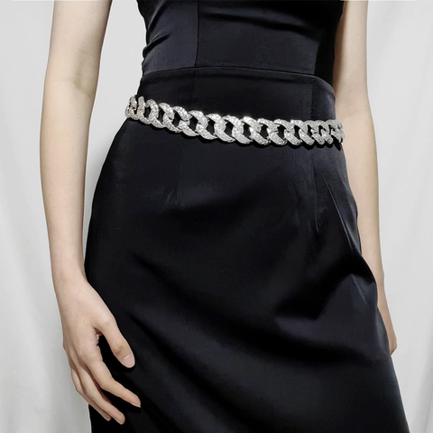 Cintura a Catena Grossa da Donna Punk in Lega Maglia Cubana Oro Argento Strass Catena Decorativa per Vita Per Abiti