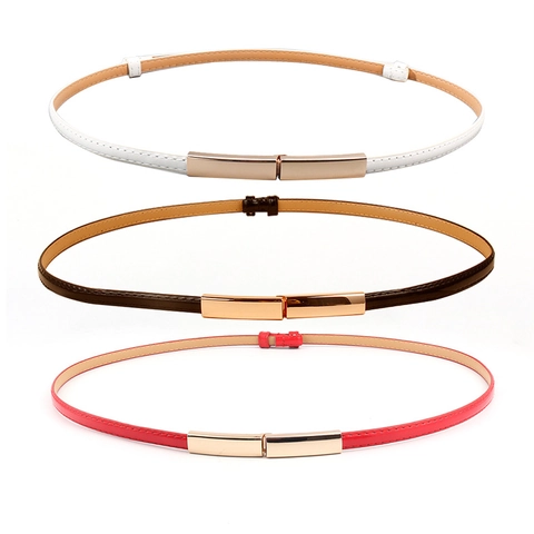 Women's Skinny PU Leather Stretchable Waist Belt Retro Artsy Alloy Interlocking Buckle Thin Belt For Dresses Jeans Accessories