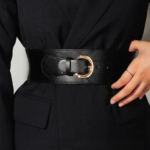 Dames Retro Brede Elastische Riem Vintage Hoefijzergesp PU-Leer Tailleband Voor Jurken Jas Mode Accessoire