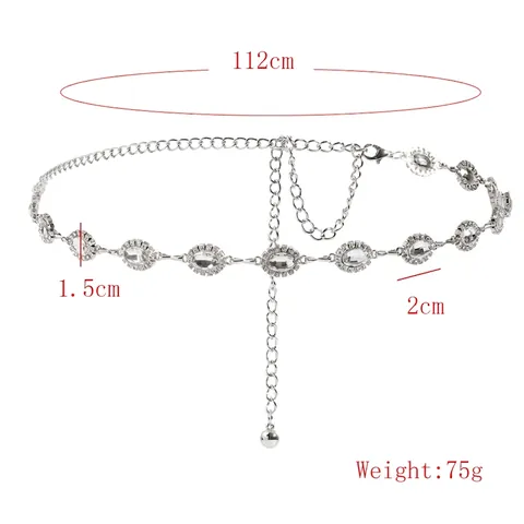 Elegante Catena in Vita in Lega di Strass Donna Lusso Ovale Cristallo Intarsiato Argento Metallo Catena Cintura Accessori