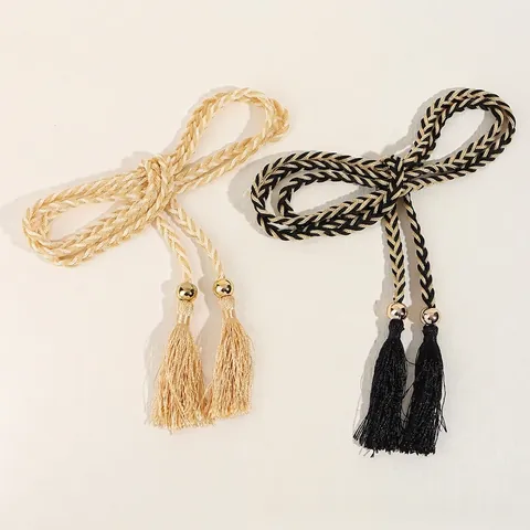 Women's Braided Tassel Waist Rope Fashion Knotted Thin Belt Bohemian Solid Color Woven Rope For Dress Decoration Accessories