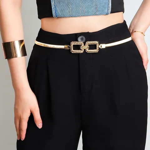 Cintura da Donna Elegante Elastica in Metallo Catena a Serpente Oro Con Fibbia Intrecciata Strutturata per Abiti