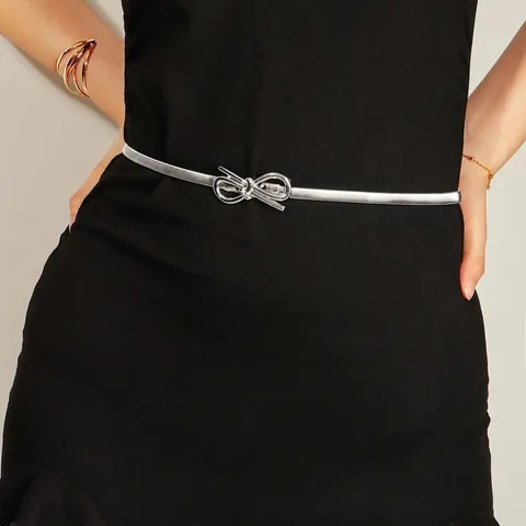 Cinturón Elástico de Metal Vintage para Mujer Con Hebilla de Lazo Cadena de Cintura Delgada Oro Plata para Vestido Fiesta