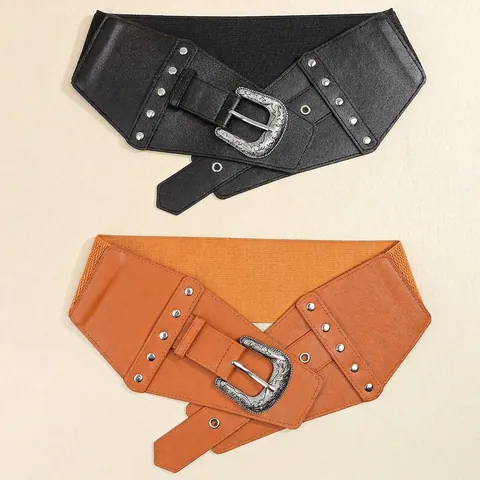 Cintura a Corsetto Larga Vintage da Donna Fibbia in Metallo Intagliato Retro Cinturino Elastico Bohemien con Borchie in Pelle PU