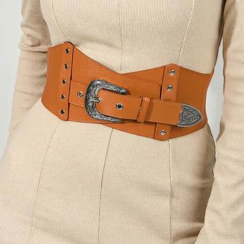 Cintura a Corsetto Larga Vintage da Donna Fibbia in Metallo Intagliato Retro Cinturino Elastico Bohemien con Borchie in Pelle PU