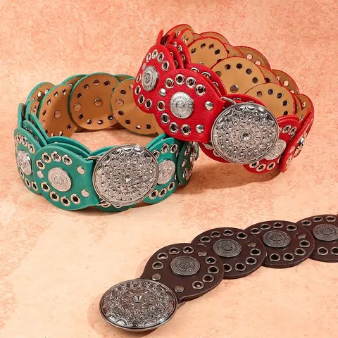 Women's Bohemian Retro Decorative Belt Vintage PU Leather Alloy Wide Waist Belt With Round Mandala Relief Buckle Ethnic Style Fashion Waist Accessory