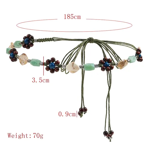 Corda da Vita con Perline Intrecciata a Mano Stile Etnico Vintage Bohémien Cintura Regolabile Donna Perline di Legno Fiore