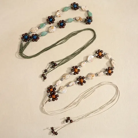 Corda da Vita con Perline Intrecciata a Mano Stile Etnico Vintage Bohémien Cintura Regolabile Donna Perline di Legno Fiore