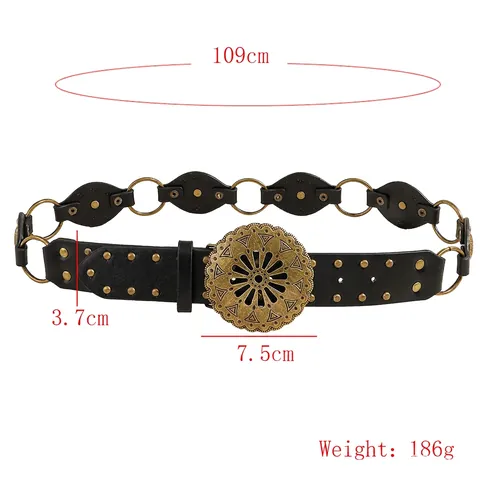 Vintage Western Bohemian PU Ledergürtel Für Damen Mit Großer Sonnenblume Metallschnalle Retro Ausgehöhlter Nieten Taillengürtel