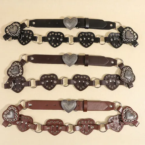 Cintura da Donna Vintage Punk in Pelle PU Fibbia a Cuore in Lega Borchie Bohemienne Cintura per Vestito Jeans Accessori