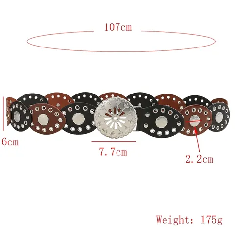 Damen Vintage Bohemian Breiter Gürtel Schwarz Braun PU Leder Spleißen Große Silberne Hohle Schnalle Dekorative Ethnische Punk Gürtel