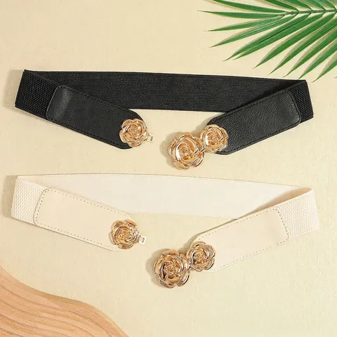Women's Vintage Rose Flower Elastic Waist Belt Elegant Gold Metal Buckle Wide Stretch Cinch Belt For Dresses Fashion Accessories