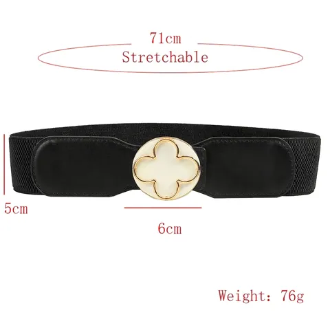 Women Elegant Elastic Corset Belt Wide Cinch Waistband With Clover Flower Metal Buckle PU Leather Stretchy Waist Strap Fashion Accessories
