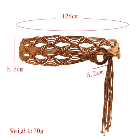 Cinturón de Cintura Trenzado Bohemio para Mujer Decoración de Vestido de Estilo Étnico Hecho a Mano Con Hebilla de Madera