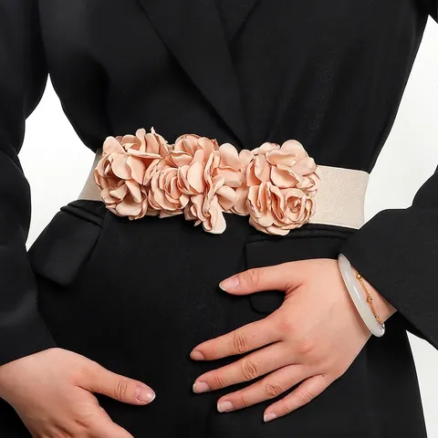 Women Elegant Elastic Corset Belt 3D Satin Flower Waistband For Dresses Wide Stretch Cinch Belt With Snap Button Accessories