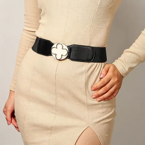 Women Elegant Elastic Corset Belt Wide Cinch Waistband With Clover Flower Metal Buckle PU Leather Stretchy Waist Strap Fashion Accessories