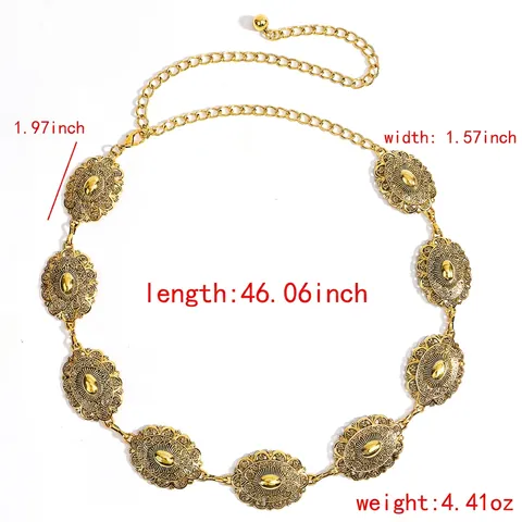 Cintura a Catena da Donna Vintage Bohémien in Lega d'Oro Intagliata con Motivo Floreale Traforato Regolabile Stile Etnico