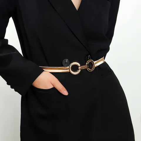 Elegant Gold Metal Elastic Waist Chain Belt For Women Geometric Interlocking Buckle Stretch Dress Belt Ladies Fashion Accessory
