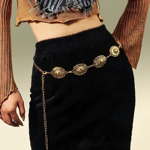 Cintura a Catena da Donna Vintage Bohémien in Lega d'Oro Intagliata con Motivo Floreale Traforato Regolabile Stile Etnico
