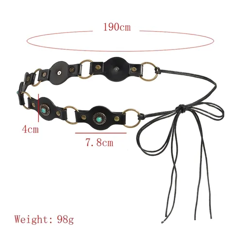 Cintura a Catena da Vita in Pelle PU Vintage Bohemian Con Anelli in Lega di Turchese Artificiale Catena da Vita Etnica Regolabile per Vestito Donna