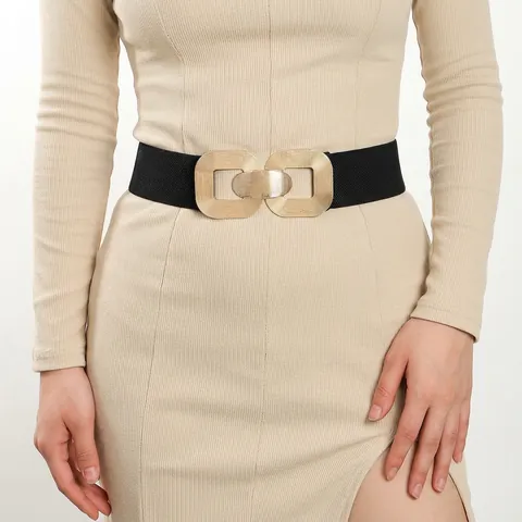 Cinturón Ancho Elástico para Mujer con Hebilla de Metal Dorado Geométrico Retro Cinturilla Vintage para Vestidos Trajes Chaquetas