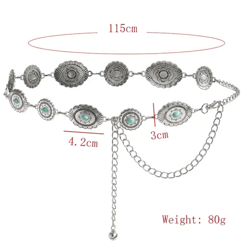 Bohemian Vintage Silver Alloy Waist Chain For Women Sun Engraved Concho Belt With Artificial Turquoise Ethnic Jewelry Accessory