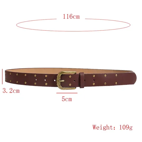 Cintura da Donna in Pelle PU Vintage Con Doppia Fila di Rivetti in Metallo Stile Punk Cinturone Bronzo Marrone Rossastro Fibbia per Jeans