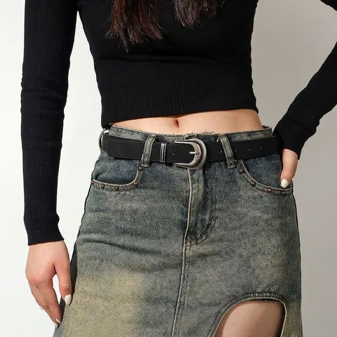 Cintura da Donna Vintage in Pelle PU Nera Con Fibbia a Ferro di Cavallo Argento Antico Rétro Y2K per Jeans Gonne Accessorio Moda