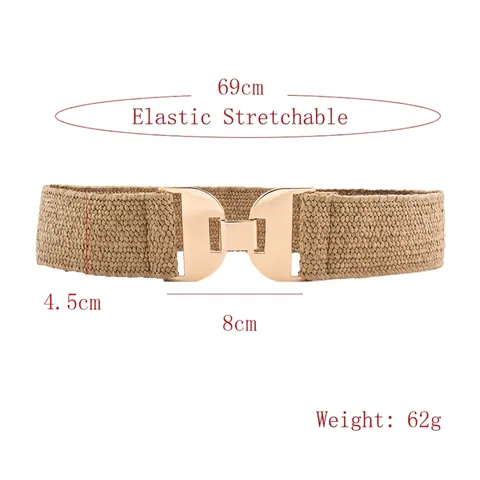 Cintura Elastica Alta da Donna Larga Cintura Intrecciata Lucida Metallica per Abito Fibbia Geometrica ad Incastro Dorata