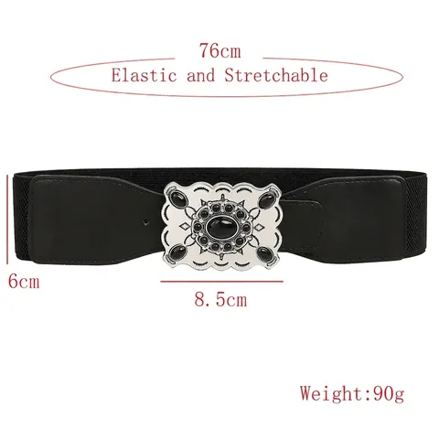 Ceinture Élastique Large Vintage Bohème Pour Femmes Mode Taille Haute Cinch Alliage Boucle Noir Ceinture Extensible Décorative
