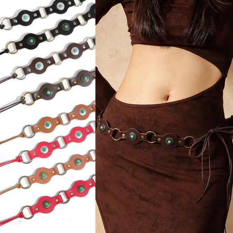 Cintura a Catena da Vita in Pelle PU Vintage Bohemian Con Anelli in Lega di Turchese Artificiale Catena da Vita Etnica Regolabile per Vestito Donna