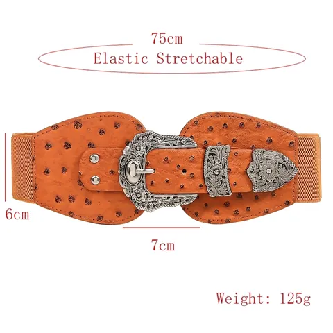 Cintura Elastica Larga Vintage da Donna Con Fibbia in Lega a Fiori Goffrata Motivo Struzzo in Pelle PU per Abito