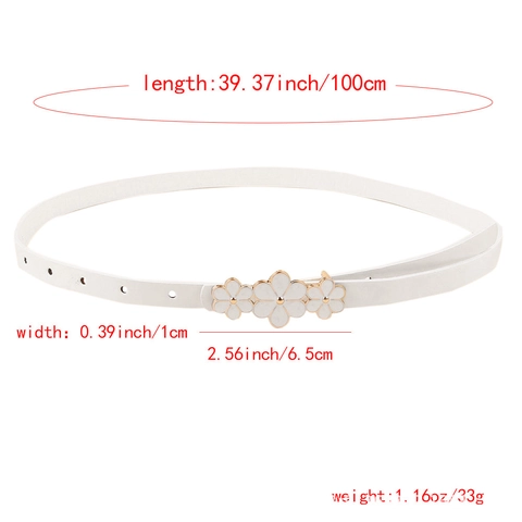 Women Fashion PU Leather Thin Belt With Daisy Flower Buckle Casual Narrow Waistband For Dresses And Pants White
