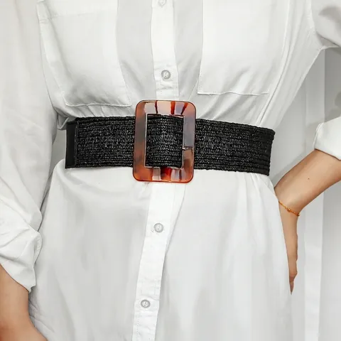 Ceinture Élastique Tissée Bohème pour Femmes Ceinture Large Vintage Avec Boucle Carrée Motif Écaille de Tortue pour Robes Vacances