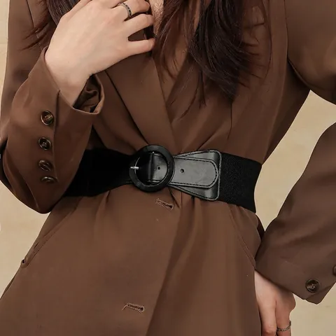 Cintura a Vita Alta Elastica Larga da Donna Con Grande Fibbia Rotonda ad Ardiglione Cintura Corsetto Elasticizzata