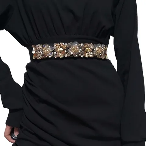 Luxury Women Elastic Waistband Rhinestone Crystal Floral Belt Vintage Black Decorative Dress Accessories For Party Wedding
