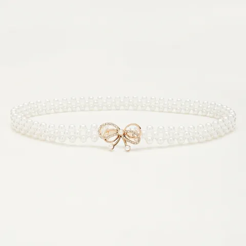Women Fashion Artificial Pearl Elastic Waist Belt Bowknot Rhinestone Inlaid Buckle Waist Chain For Dress Wedding Party