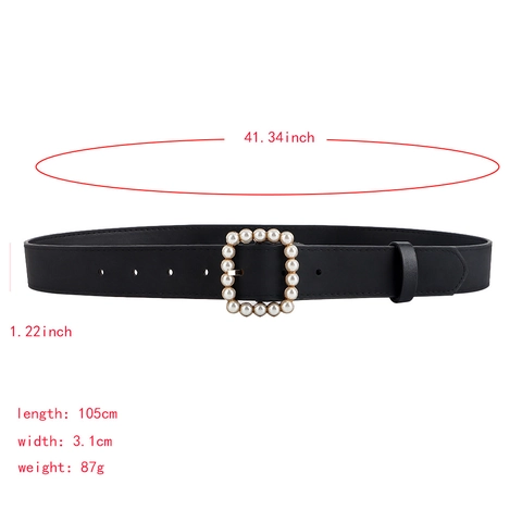 Women Simple Fashion PU Leather Belt With Artificial Pearl Square Buckle Elegant Black Decorative Waist Strap For Dress Daily