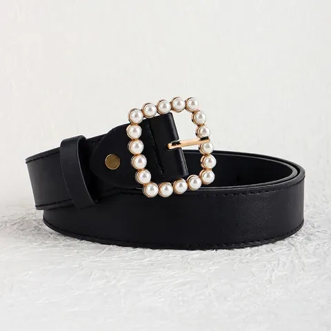 Women Simple Fashion PU Leather Belt With Artificial Pearl Square Buckle Elegant Black Decorative Waist Strap For Dress Daily
