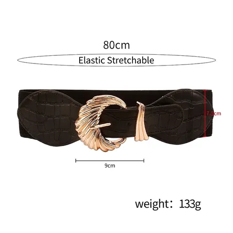 Ceinture Corset Élastique Large Vintage pour Femmes Cuir PU Gaufré Crocodile Boucle Métallique Festonnée Or Mode