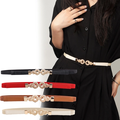 Ceinture Fine Élastique pour Femmes Mode Boucle de Nœud à Verrouillage Minimaliste en Métal Doré Ceinture Extensible pour Robes