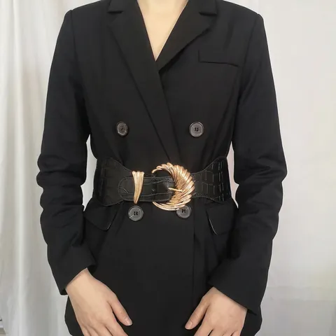 Ceinture Corset Élastique Large Vintage pour Femmes Cuir PU Gaufré Crocodile Boucle Métallique Festonnée Or Mode