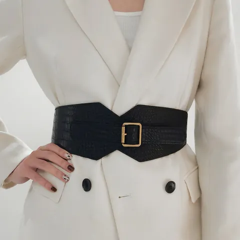 Damen Mode Krokodilmuster Breiter Korsettgürtel Elastischer Taillengürtel PU-Leder Gürtel Mit Goldener Schnalle Für Kleid Mantel Dekorativ