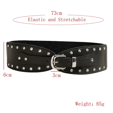 Damen Vintage Punk Nieten Strass Breiter Elastischer Gürtel Kunstleder PU Wespentaille Mit Silberner Dornschließe Mode Accessoire