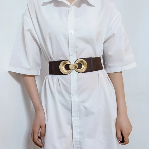 Ceinture Corset Élastique Mode Femme Avec Boucle en Alliage Doré Entrelacée Large Bande de Taille Extensible Pour Robes Chemises