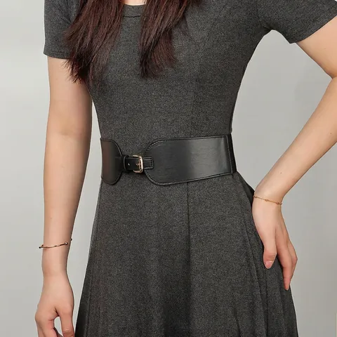 Women Minimalist Elastic Waist Belt PU Leather Wide Corset Cinch Gold Alloy Buckle Versatile Accessory For Dress Coat