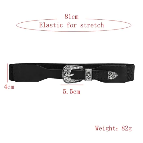 Women Vintage Western Cowboy Elastic Belt Polyester Alloy Carved Buckle Star Pattern Adjustable Waistband For Dress Accessory