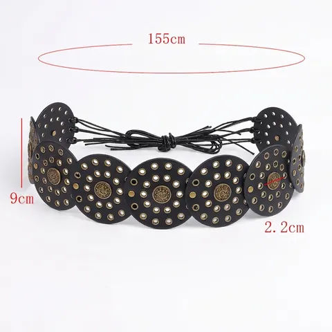 Damen Böhmisch Retro PU-Leder Gürtel Runde Medaillon Patchwork Taillenkette Nieten Verzierung Schnürung Mode Bund