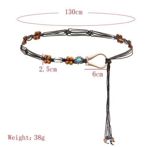Cintura a Catenella Intrecciata Etnica Boemia Donna Conchiglia Perle Legno Nappa Turchese Chiusura Metallo Regolabile Moda